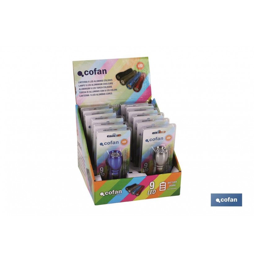 EXPOSITOR 12 UDS LINTERNA 9 LED ALUMINIO COLORES