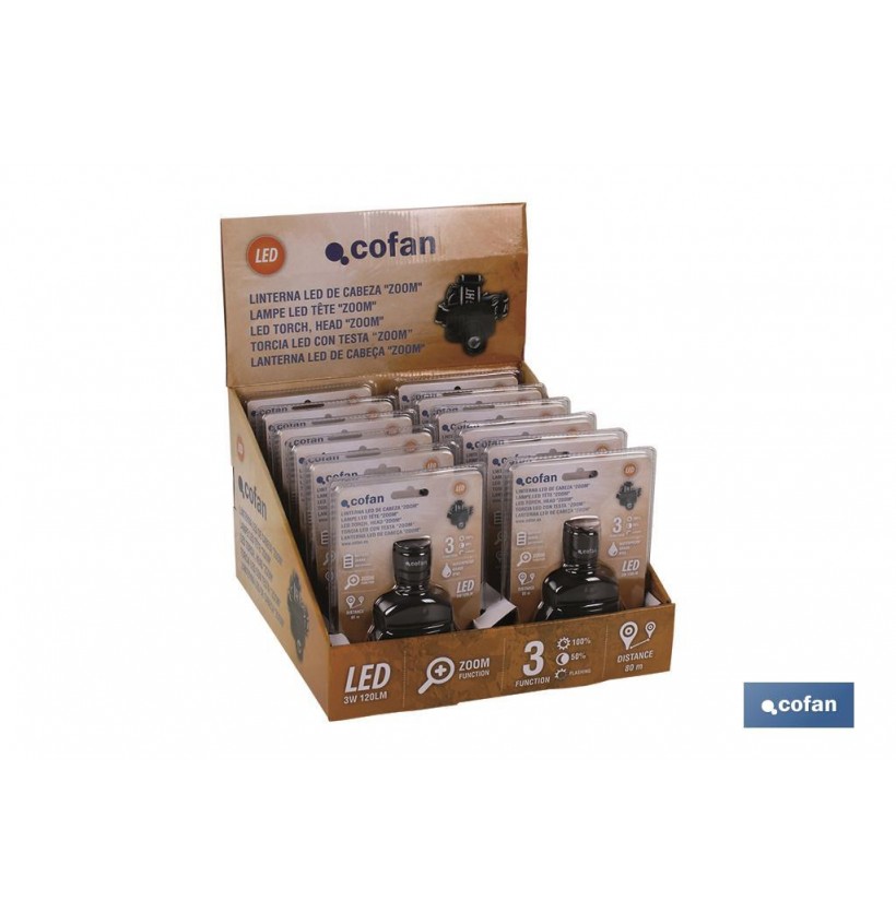 EXPOSITOR 12 UDS LINTERNA LED CABEZA ZOOM