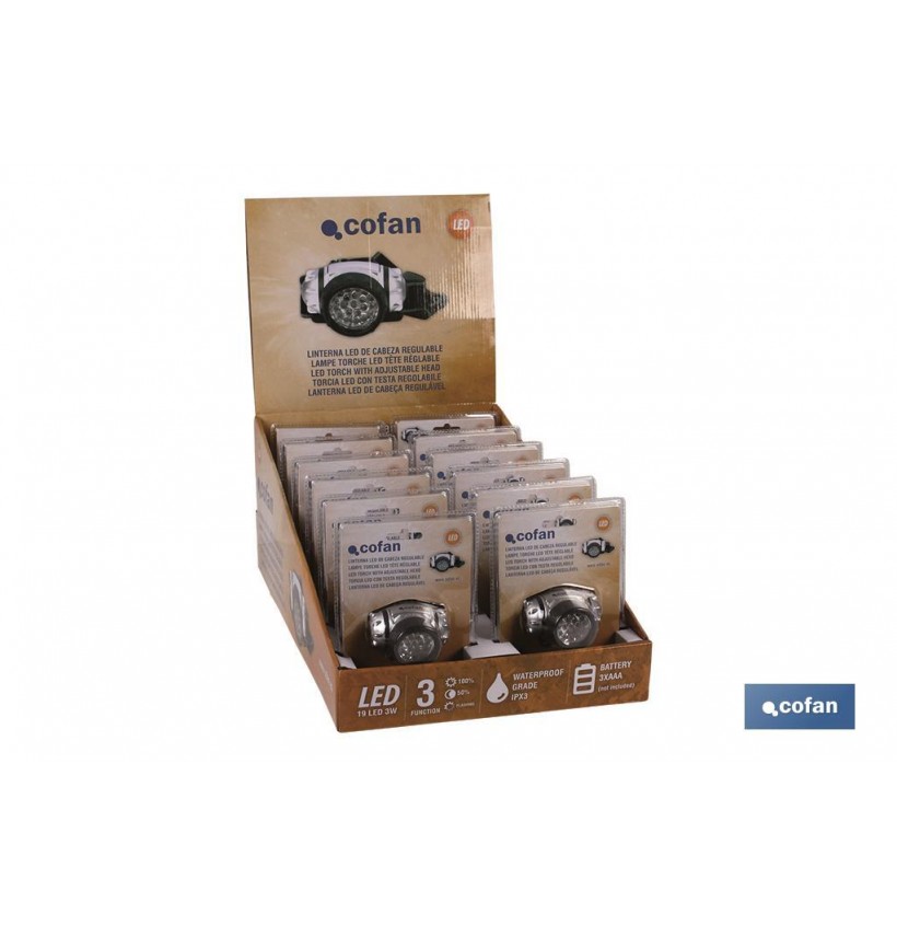 EXPOSITOR 12 UDS LINTERNA CABEZA 19 LED REGULABLE