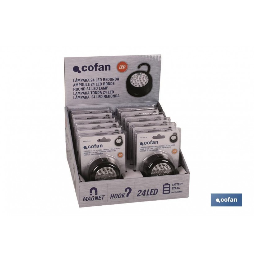 EXPOSITOR 12 UDS LINTERNA 24 LED IMAN/GANCHO