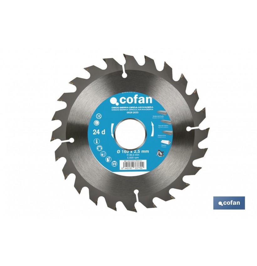 DISCO DE SIERRA CIRCULAR PARA MADERA Ø160 X 2,5 X 30 MM, 24 DIENTES