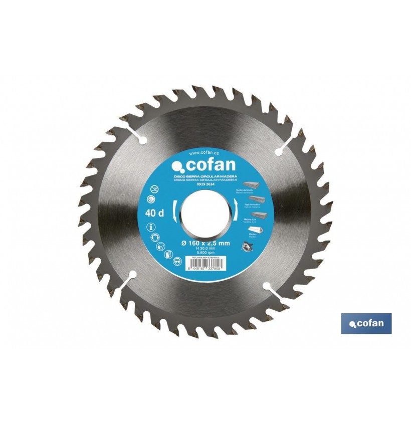 DISCO DE SIERRA CIRCULAR PARA MADERA Ø160 X 2,5 X 30 MM, 40 DIENTES