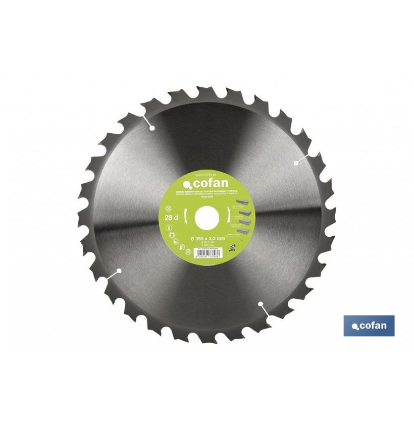 DISCO DE SIERRA INGLETADORA PARA MADERA/METAL Ø350 X 2,2 X 30 MM, 28 DIENTES