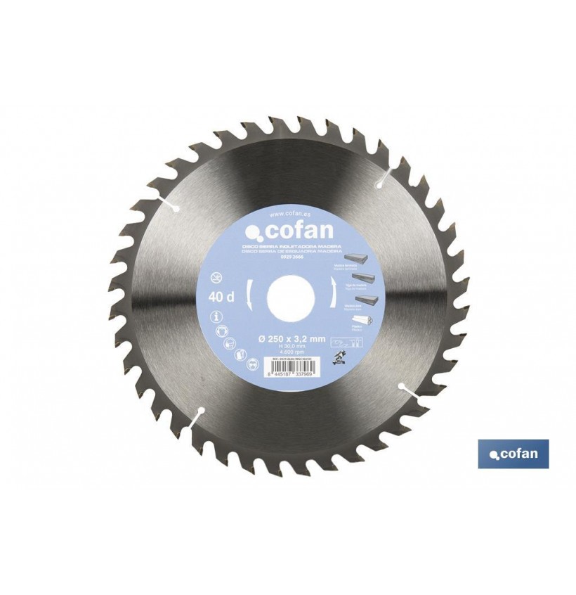 DISCO DE SIERRA INGLETADORA PARA MADERA Ø250 X 3,2 X 30 MM, 40 DIENTES