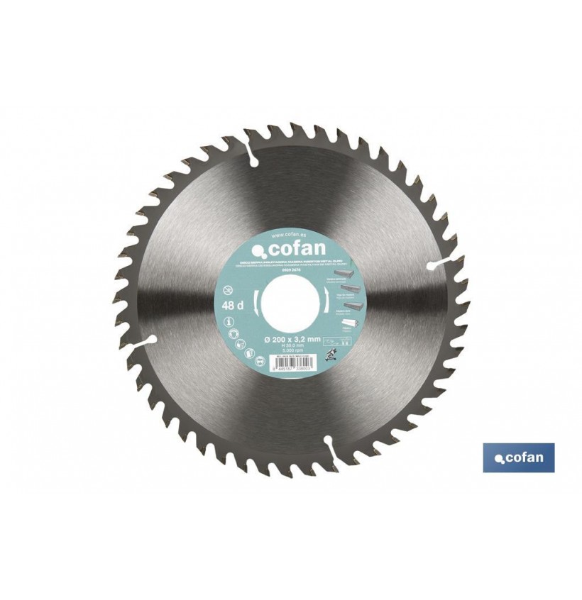 DISCO DE SIERRA INGLETADORA PARA MADERA CON INSERTOS DE METAL DURO Ø200 X 3,2 X 30 MM, 48 DIENTES