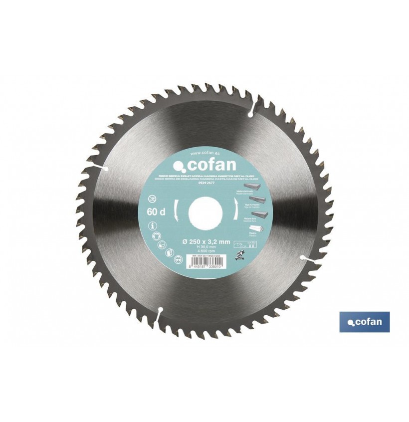 DISCO DE SIERRA INGLETADORA PARA MADERA CON INSERTOS DE METAL DURO Ø250 X 3,2 X 30 MM, 60 DIENTES