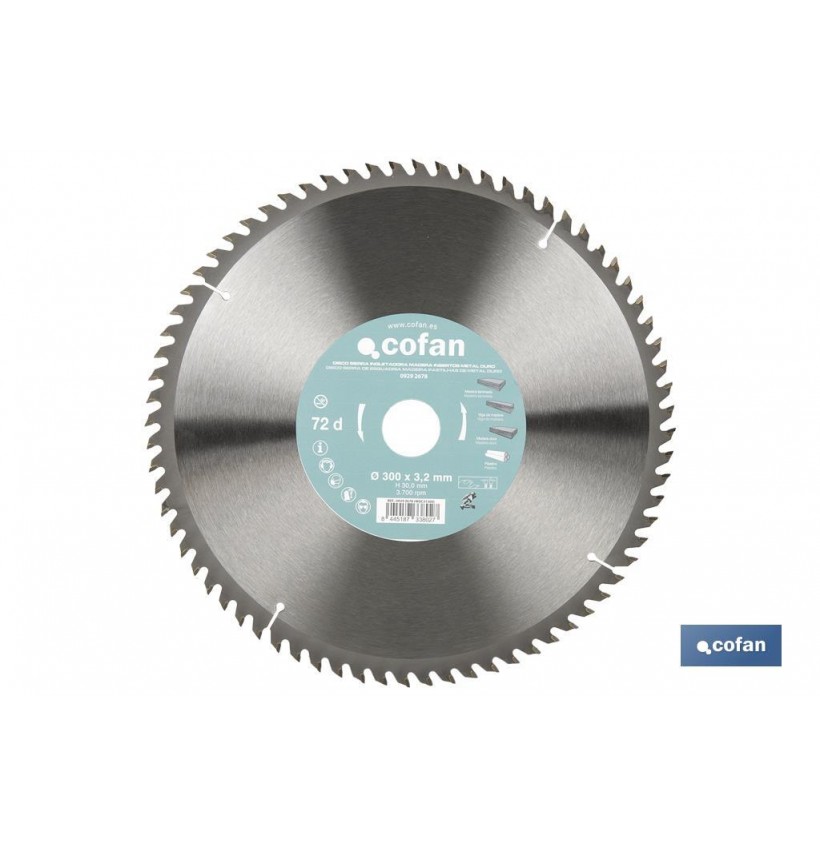 DISCO DE SIERRA INGLETADORA PARA MADERA CON INSERTOS DE METAL DURO Ø300 X 3,2 X 30 MM, 72 DIENTES
