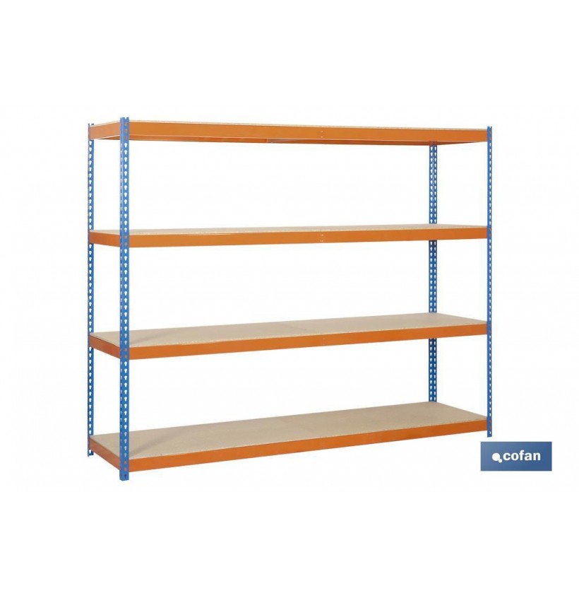 ESTANTERÍA MEDIA CARGA AZUL/NARANJA 4 BALDAS DE MADERA 2000 X 1500 X 600 MM