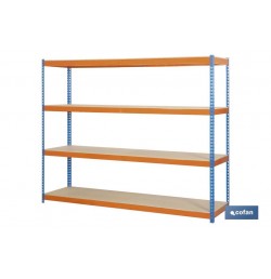 ESTANTERÍA MEDIA CARGA AZUL/NARANJA 4 BALDAS DE MADERA 2000 X 2100 X 600 MM