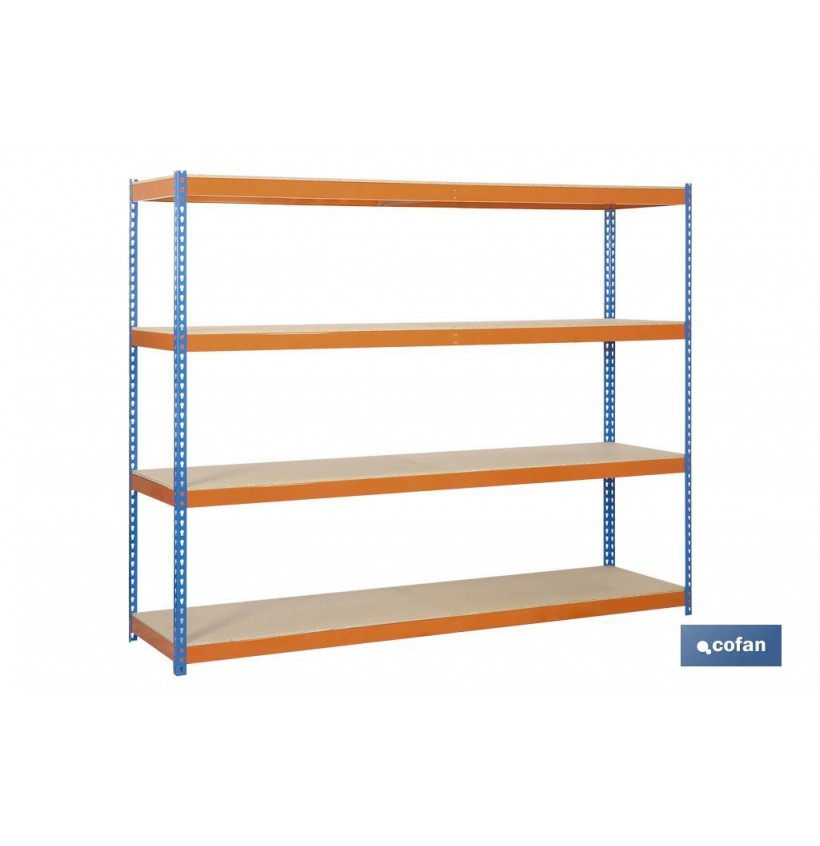 ESTANTERÍA MEDIA CARGA AZUL/NARANJA 4 BALDAS DE MADERA 2000 X 2400 X 600 MM