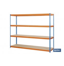 ESTANTERÍA MEDIA CARGA AZUL/NARANJA 4 BALDAS DE MADERA 2000 X 2400 X 600 MM