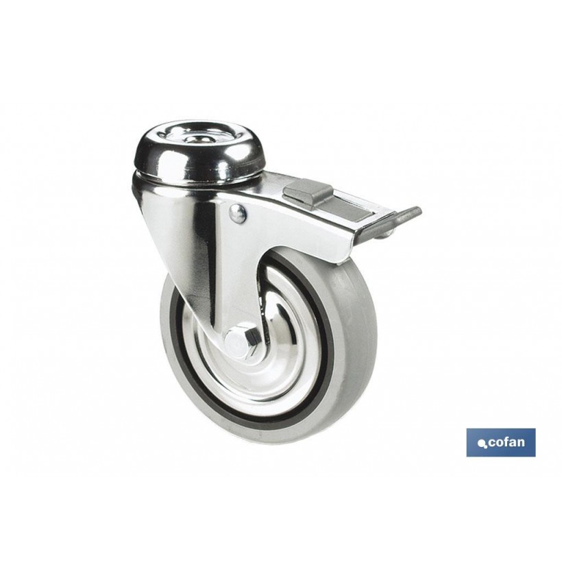 RUEDA DE GOMA GRIS CON AGUJERO PASANTE Y FRENO Ø40 x 18 MM