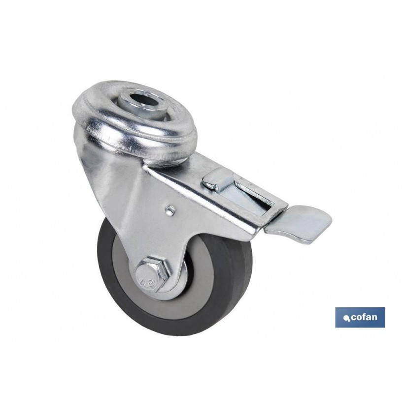 RUEDA DE GOMA GRIS CON AGUJERO PASANTE Y FRENO Ø50 X 18 MM
