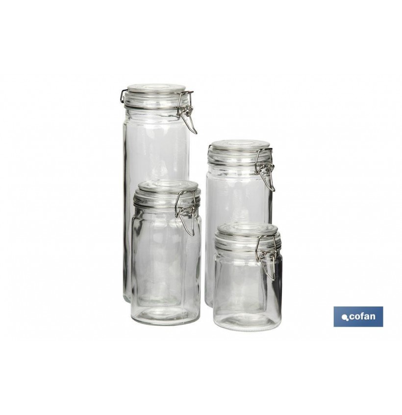 SET 4  FRASCOS CRISTAL+ CLIP ACERO 2100ML,1500ML,1150ML,750ML