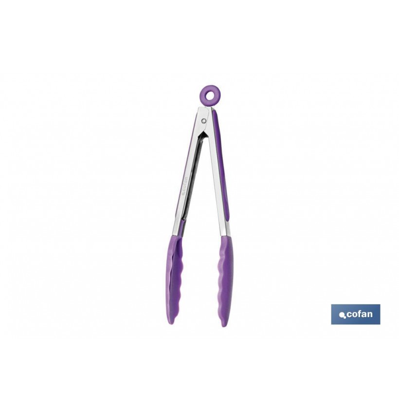 PINZAS DE COCINA DE ACERO INOX. Y SILICONA MORADA MODELO VERGINI 23 CM
