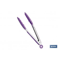 PINZAS DE COCINA DE ACERO INOX. Y SILICONA MORADA MODELO VERGINI 23 CM