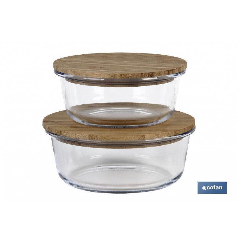 SET DE 2 RECIPIENTES DE BOROSILICATO CON TAPA DE BAMBÚ MODELO PANDA 620 ML - 950 ML