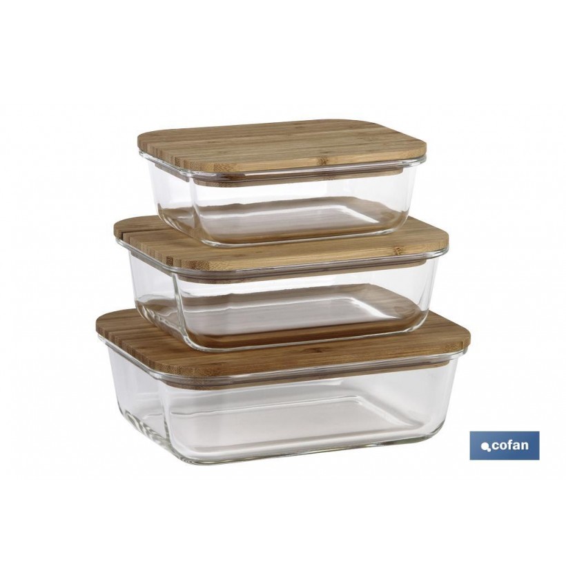 SET DE 3 RECIPIENTES DE BOROSILICATO CON TAPA DE BAMBÚ MODELO PANDA 640 ML-1040 ML -1520 ML