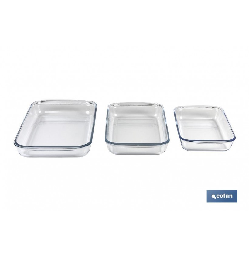 SET DE 3 FUENTES RECTANGULARES DE VIDRIO BOROSILICATO MODELO BARITINA 1600ML-2200ML-3000ML