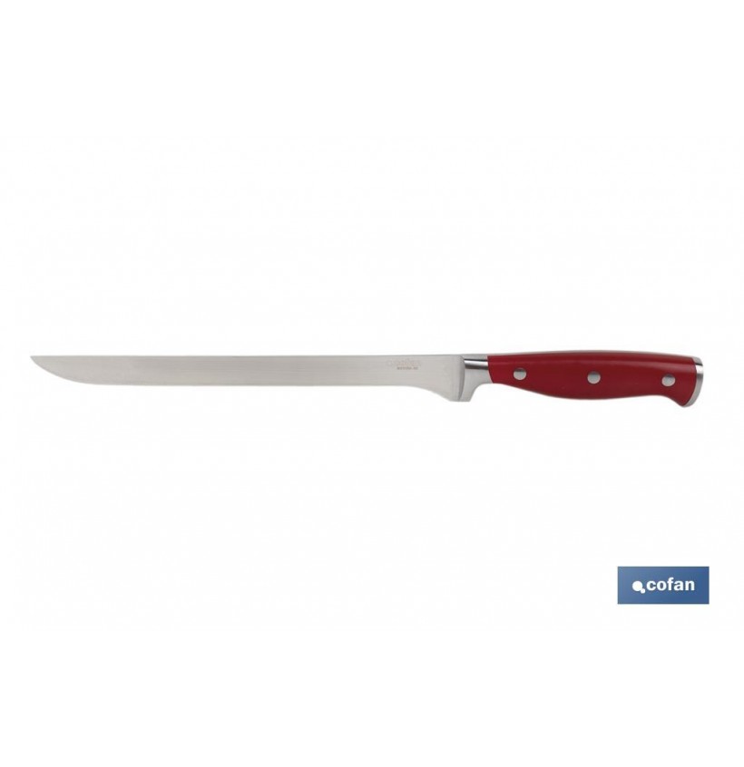 CUCHILLO JAMONERO/SALMONERO HOJA 25cm MODELO AGUACEJO ROJO