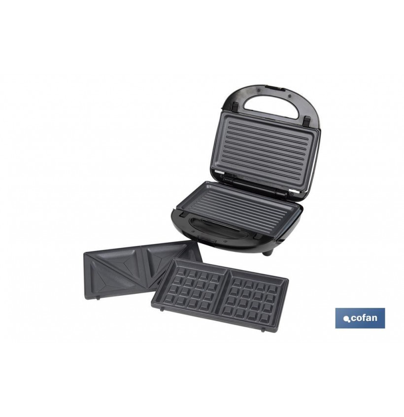 SANDWICHERA MULTIUSOS,GRILL Y GOFRERA 3 EN 1 PLACAS INTERCAMBIABLES  750W 24x22,8x10,9 cm
