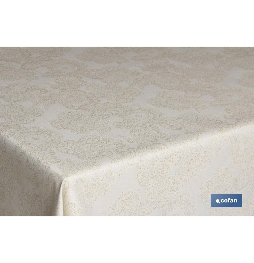 MANTEL ANTIMANCHAS RESINADO 1,40x1,80 mt 45% ALG/50% POL. 5% LUREX LINEAS ORO