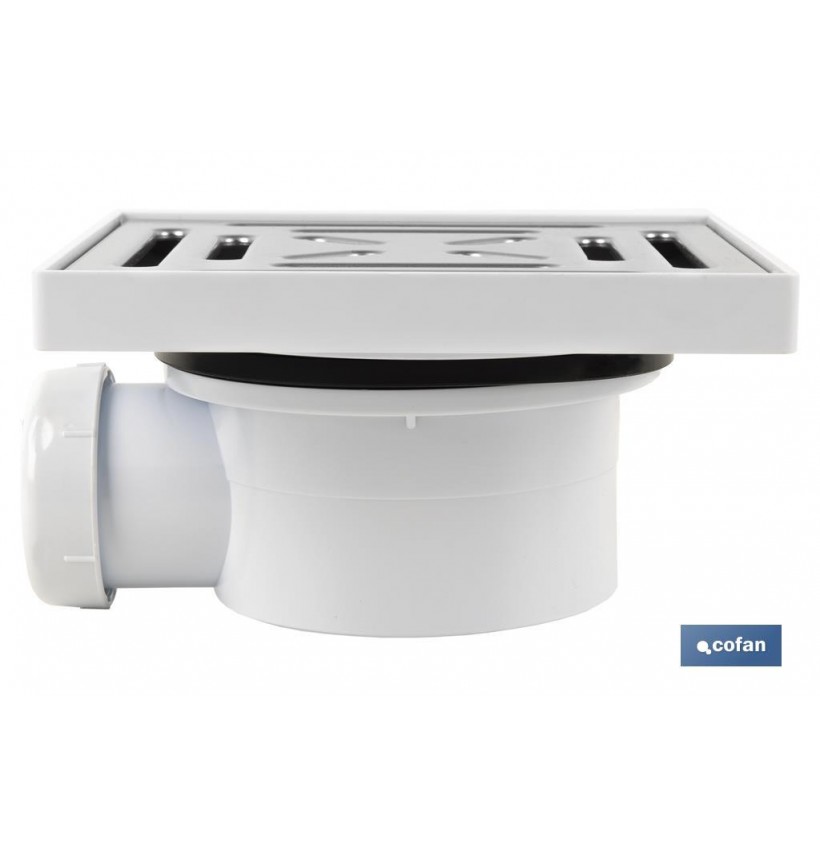 VÁLVULA SIFÓNICA SUMIDERO 146x146 MM CON SALIDA Ø32-40 Y TAPA ACERO INOX.